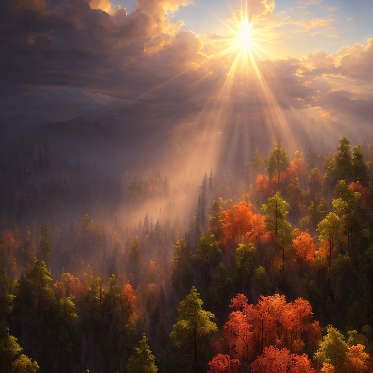 Vibrant autumn forest with sunlight rays and rich tree colors
