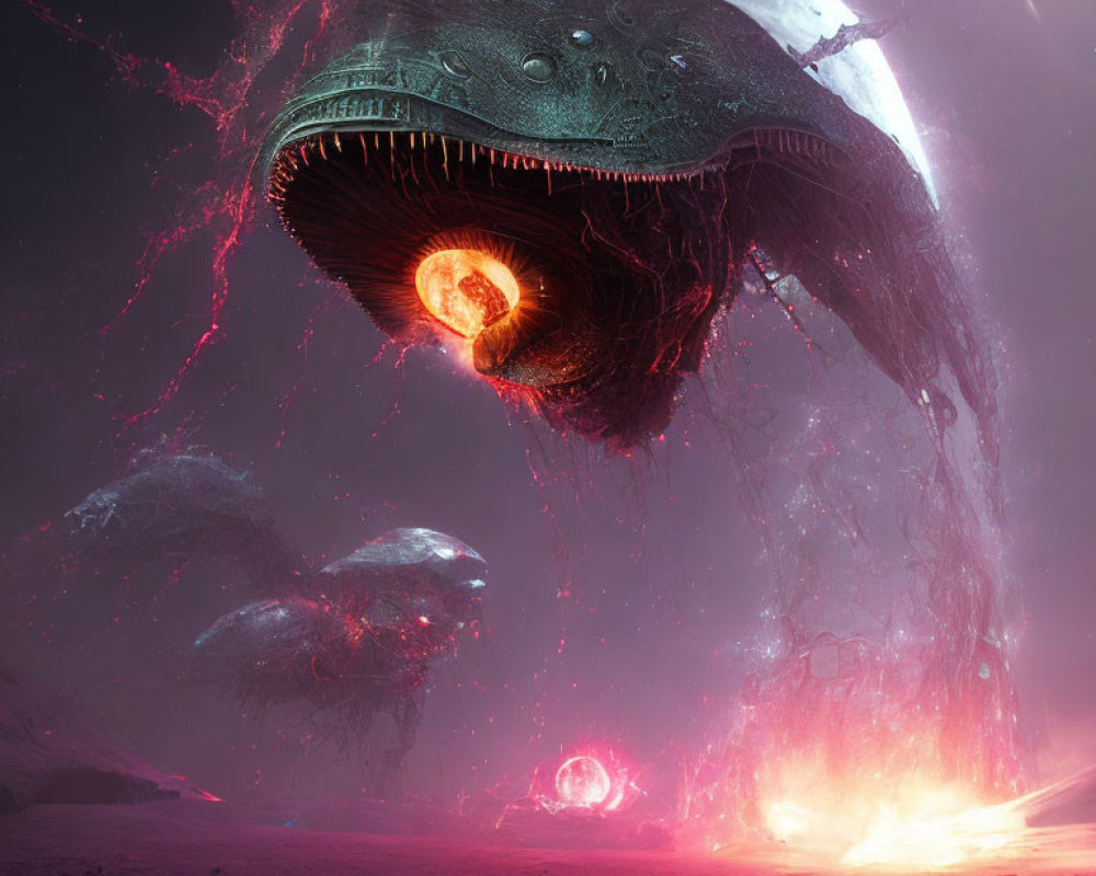 Giant jellyfish-like creatures in vibrant alien landscape