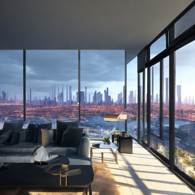 Stylish Furniture in Modern Living Room with Cityscape View