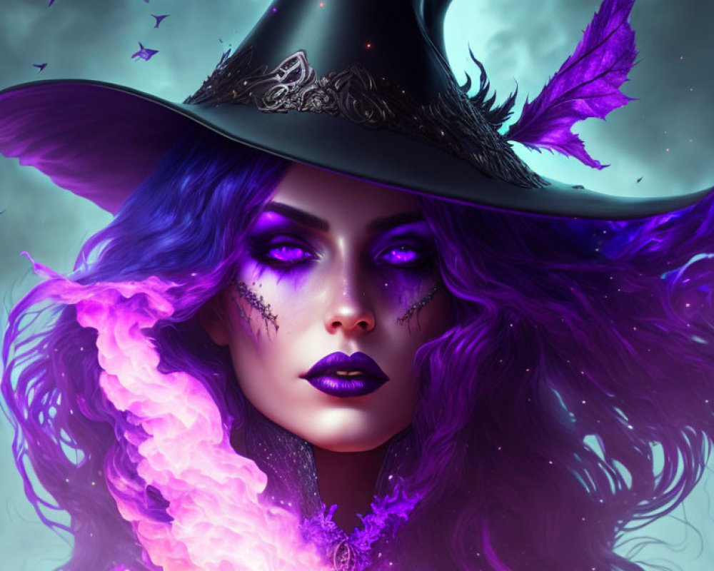 Fantasy portrait of a woman with purple theme, witch hat, dramatic makeup, and ethereal birds