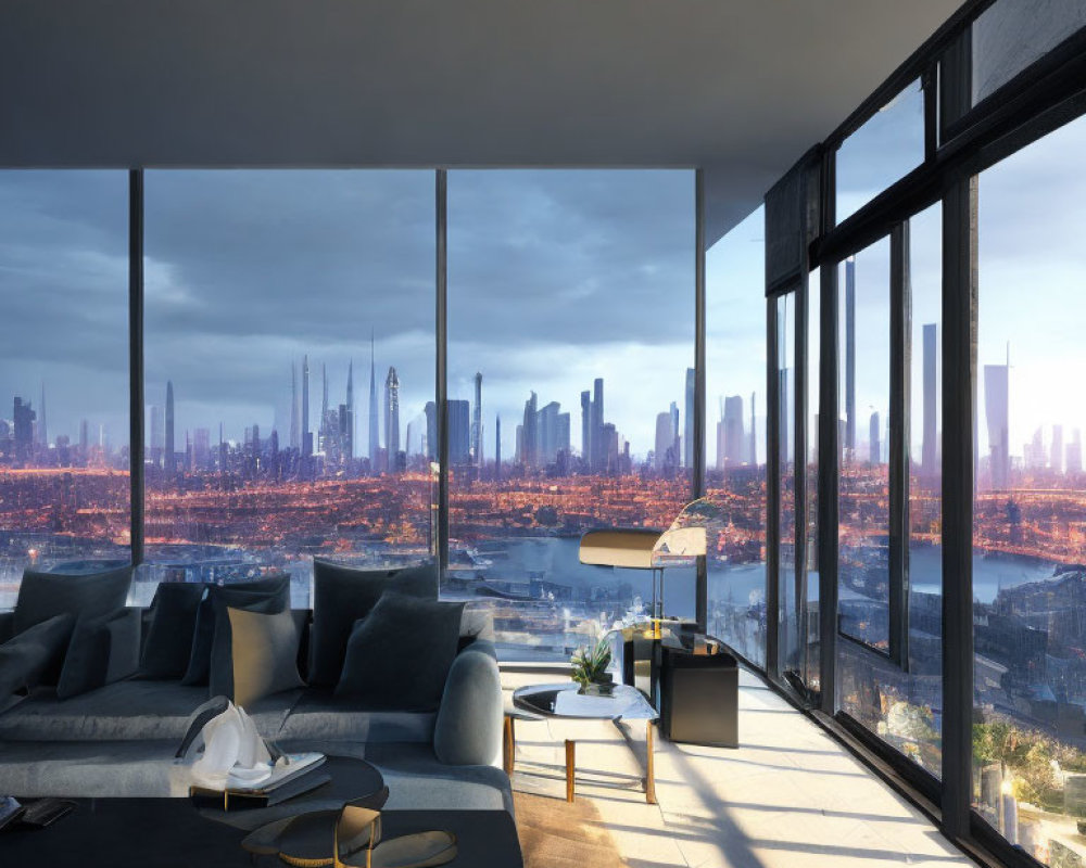 Stylish Furniture in Modern Living Room with Cityscape View