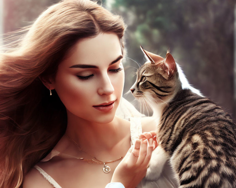 Woman with Long Hair Holding Tabby Cat Outdoors