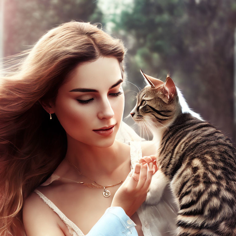 Woman with Long Hair Holding Tabby Cat Outdoors
