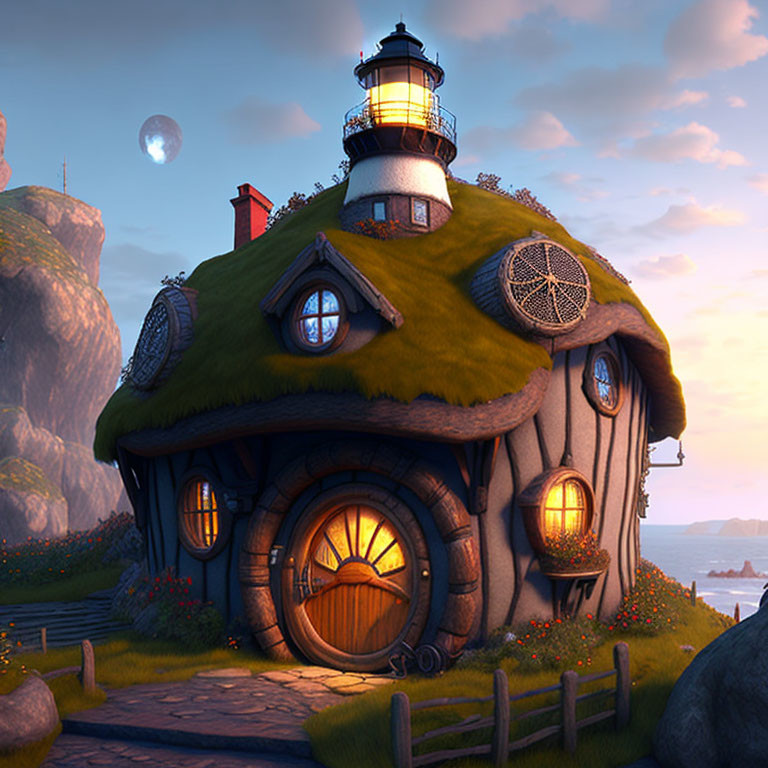 Fantasy cottage with lighthouse in twilight landscape.
