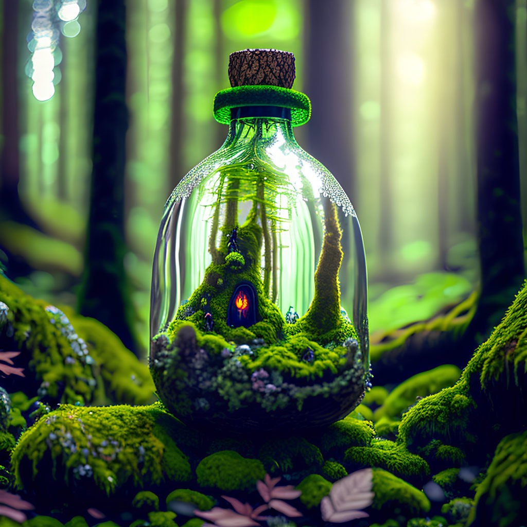 Glass Bottle with Cork Stopper: Miniature Green Forest in Real Forest Setting