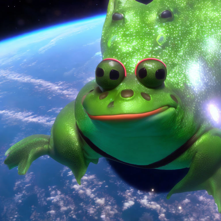 Green Frog with Multiple Eyes in Space with Earth Background