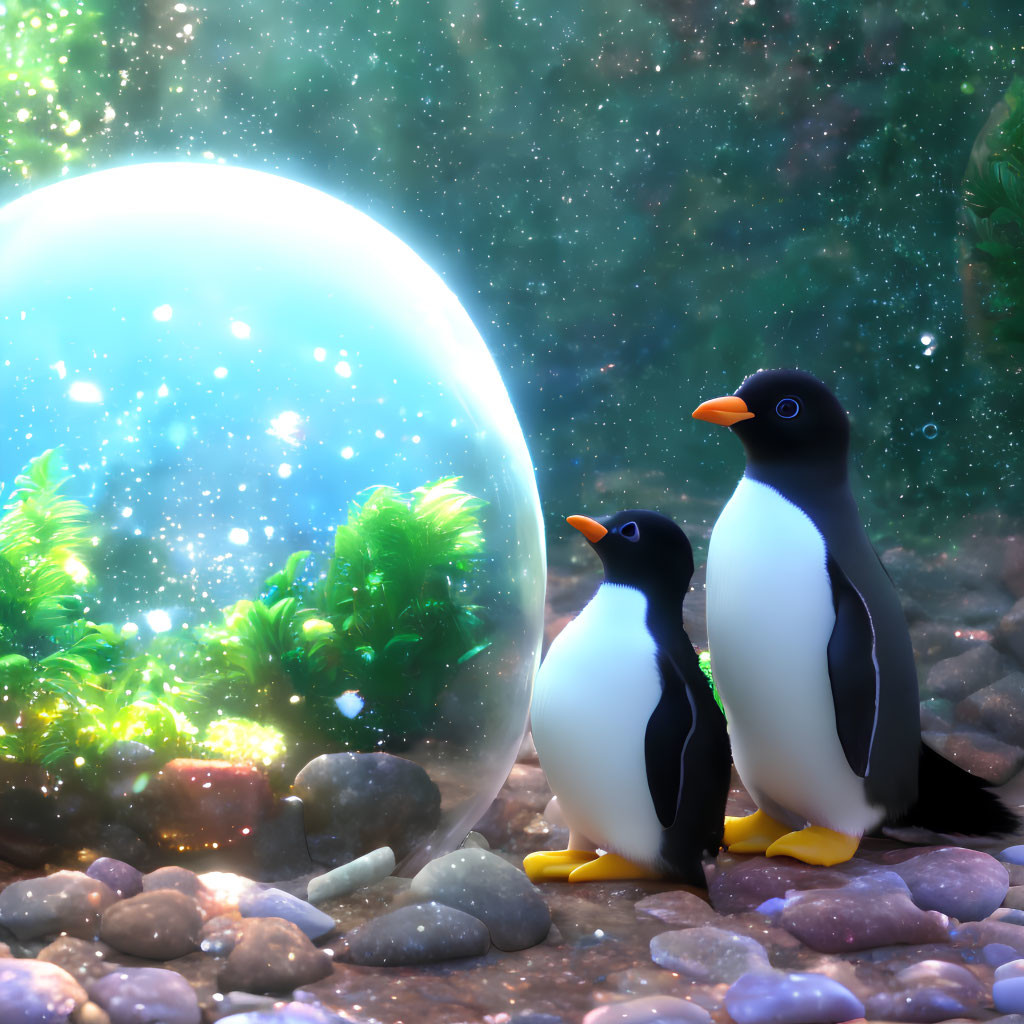 Animated penguins admiring glowing orb in foliage under starry sky