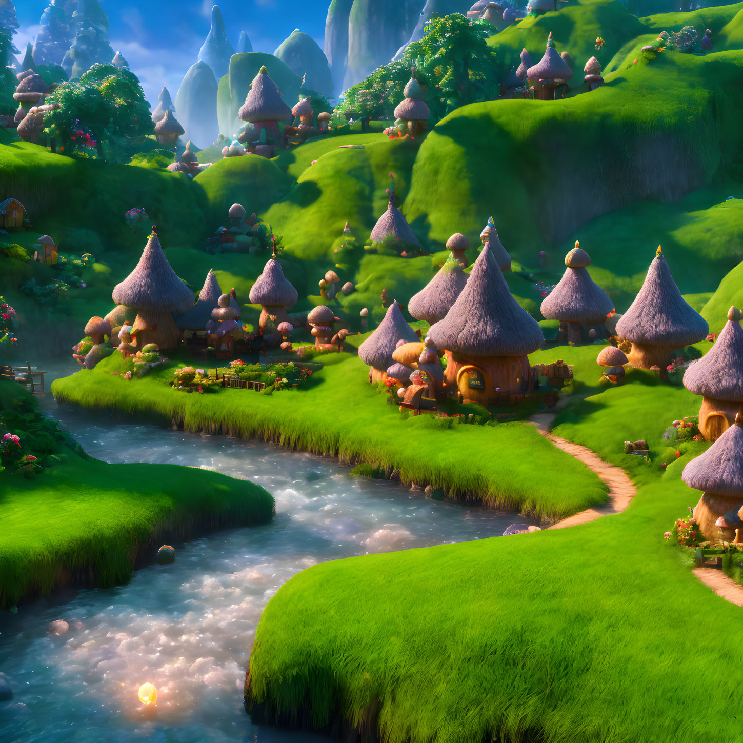 Fantasy landscape with thatched-roof cottages, green hills, streams, and glowing orbs.