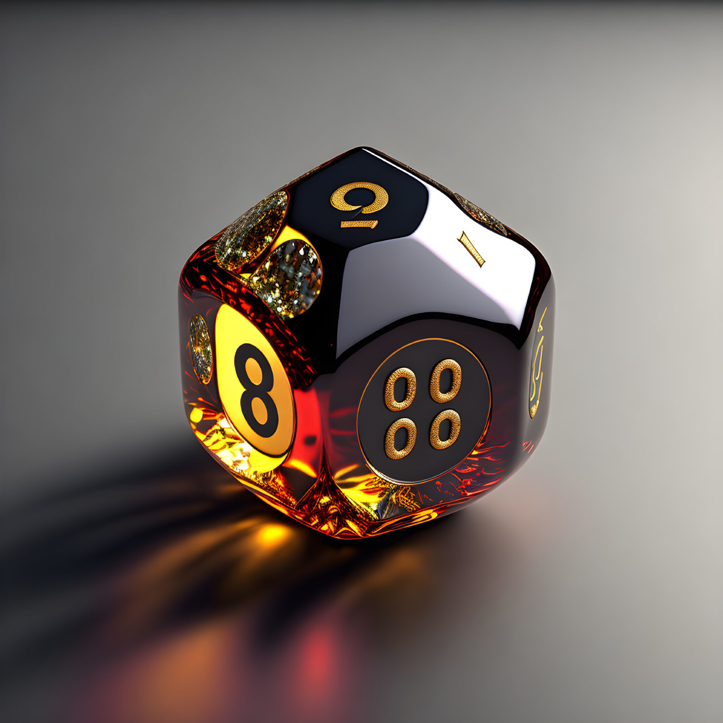 Shiny black dice with gold numbers and gemstone corners.