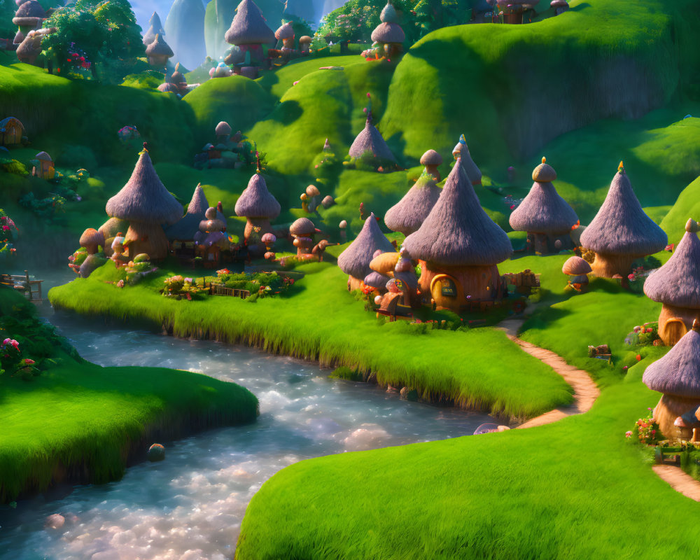 Fantasy landscape with thatched-roof cottages, green hills, streams, and glowing orbs.