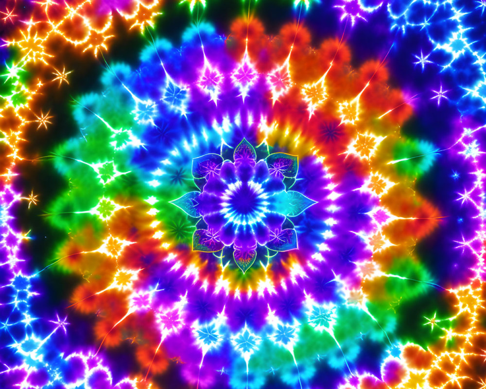 Vibrant kaleidoscopic mandala pattern with neon colors and star-like light flares