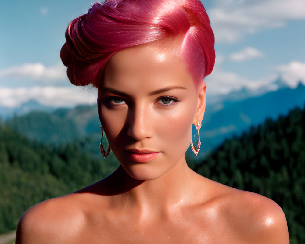 Vibrant pink updo hairstyle woman against mountain backdrop under blue sky