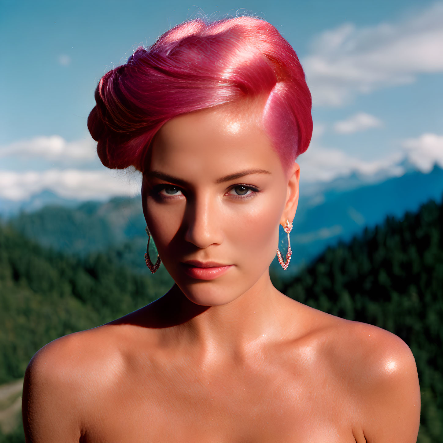 Vibrant pink updo hairstyle woman against mountain backdrop under blue sky