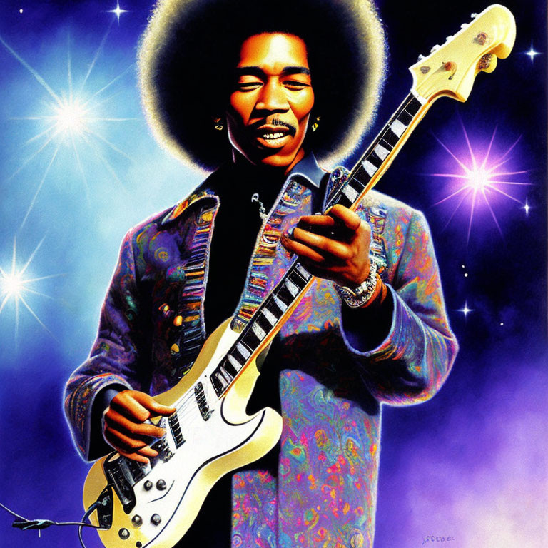 Vivid blue and starry backdrop with man playing electric guitar