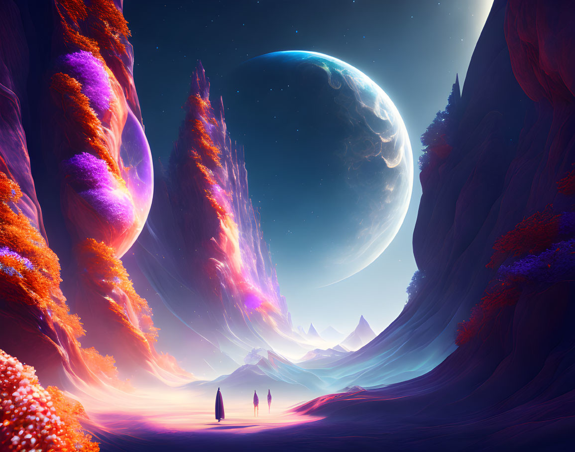 Colorful Alien Landscape with Rock Formations and Massive Moon