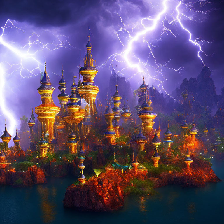 Golden castles in stormy sky with lightning over mountains and serene lake