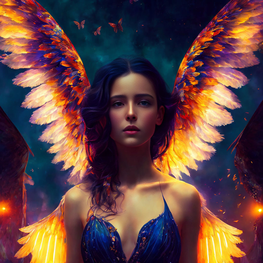 Fiery orange wings woman in blue feathered dress with mystical aura.