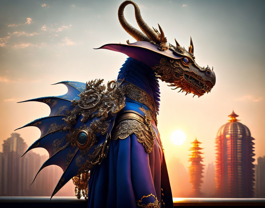 Golden-accented ornate dragon against sunset sky with skyscrapers.