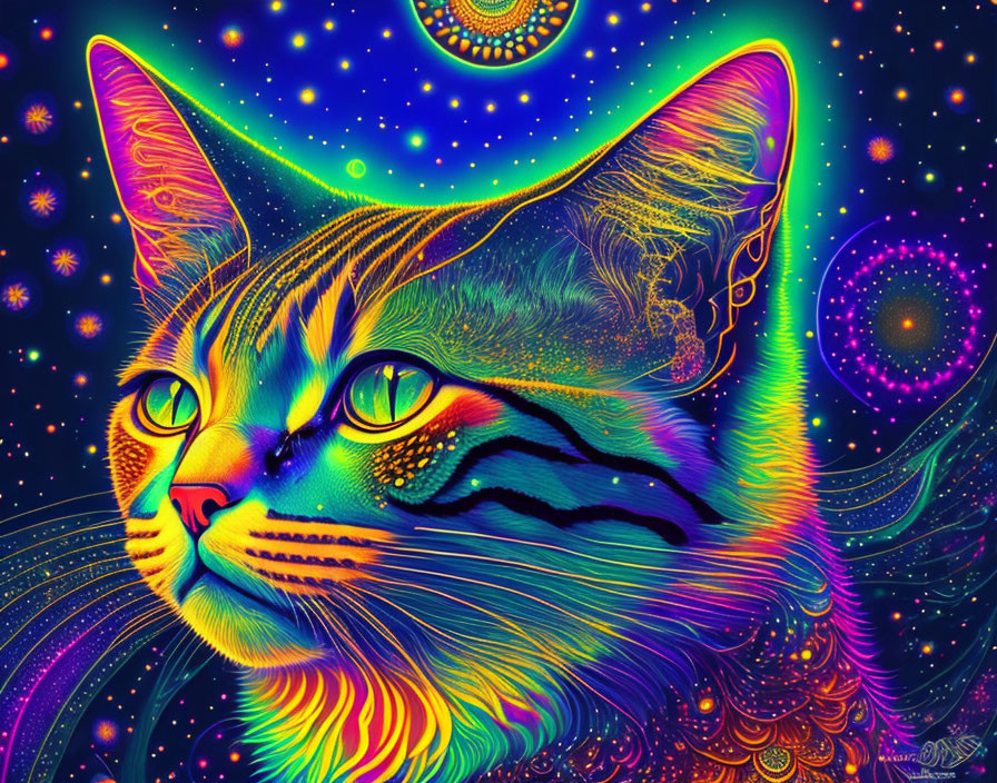 Colorful Psychedelic Cat Illustration with Neon Colors and Cosmic Background
