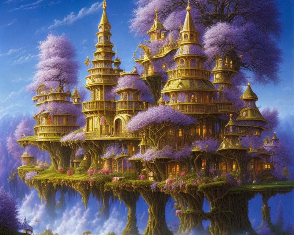 Golden-spired fairy-tale palace on tree with purple foliage and floating islands
