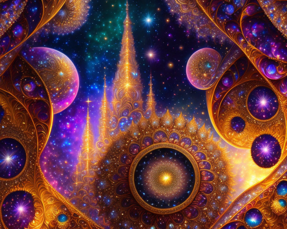 Intricate Cosmic Fractal Art with Celestial Bodies