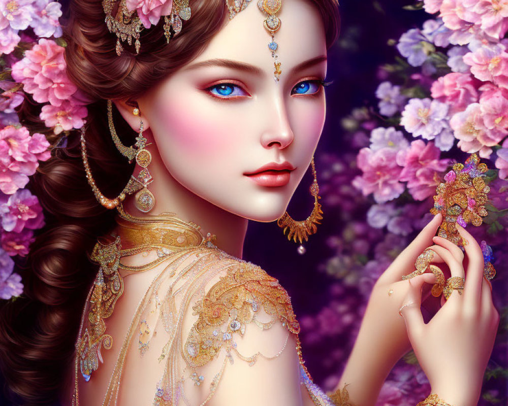 Illustrated woman with blue eyes in gold jewelry and floral headpiece among pink blossoms