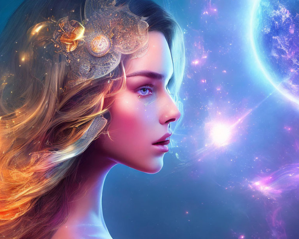 Fantasy portrait of woman with ornate headpiece in cosmic setting