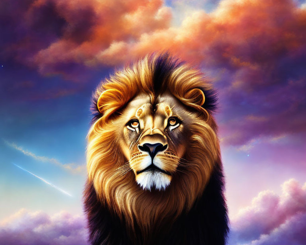 Majestic lion with lush mane in cosmic sky with stars and colorful clouds