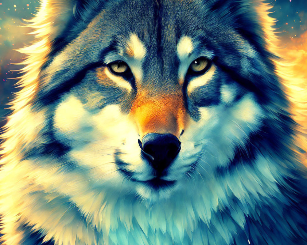 Colorful Wolf Image with Intense Eyes and Starry Background
