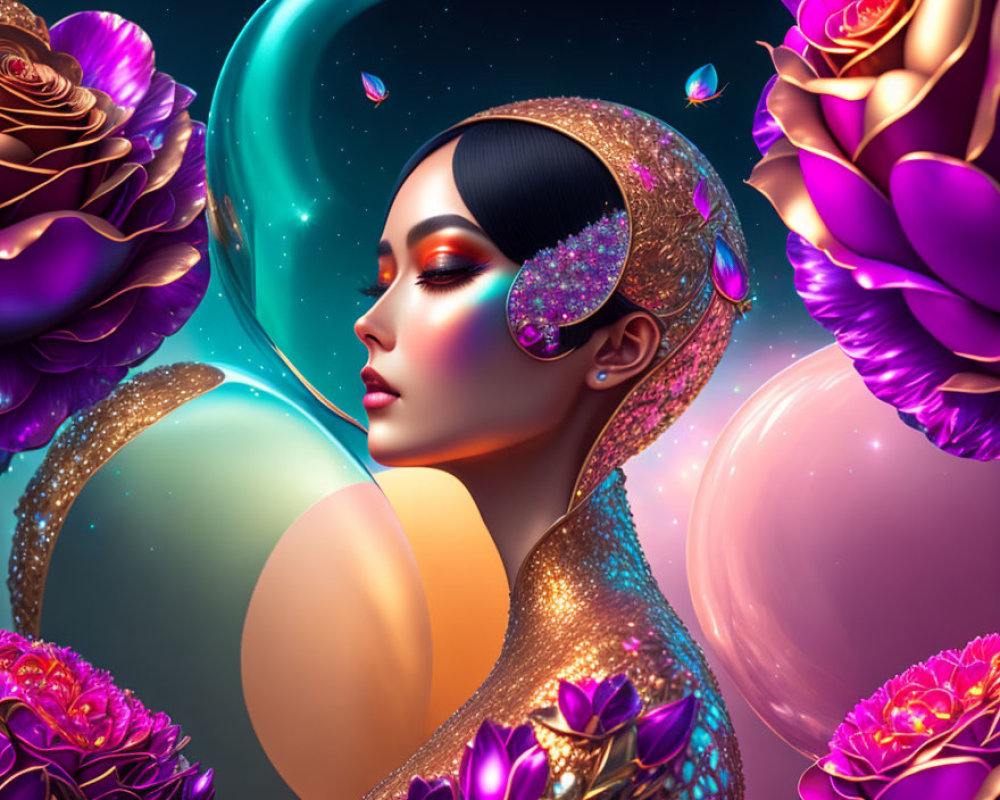 Vibrant digital artwork: Woman with gold details, luminescent flowers, celestial orbs, cosmic