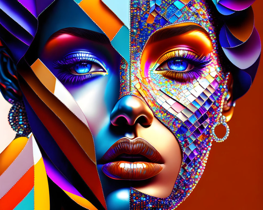Colorful geometric mosaic artwork of a woman's face