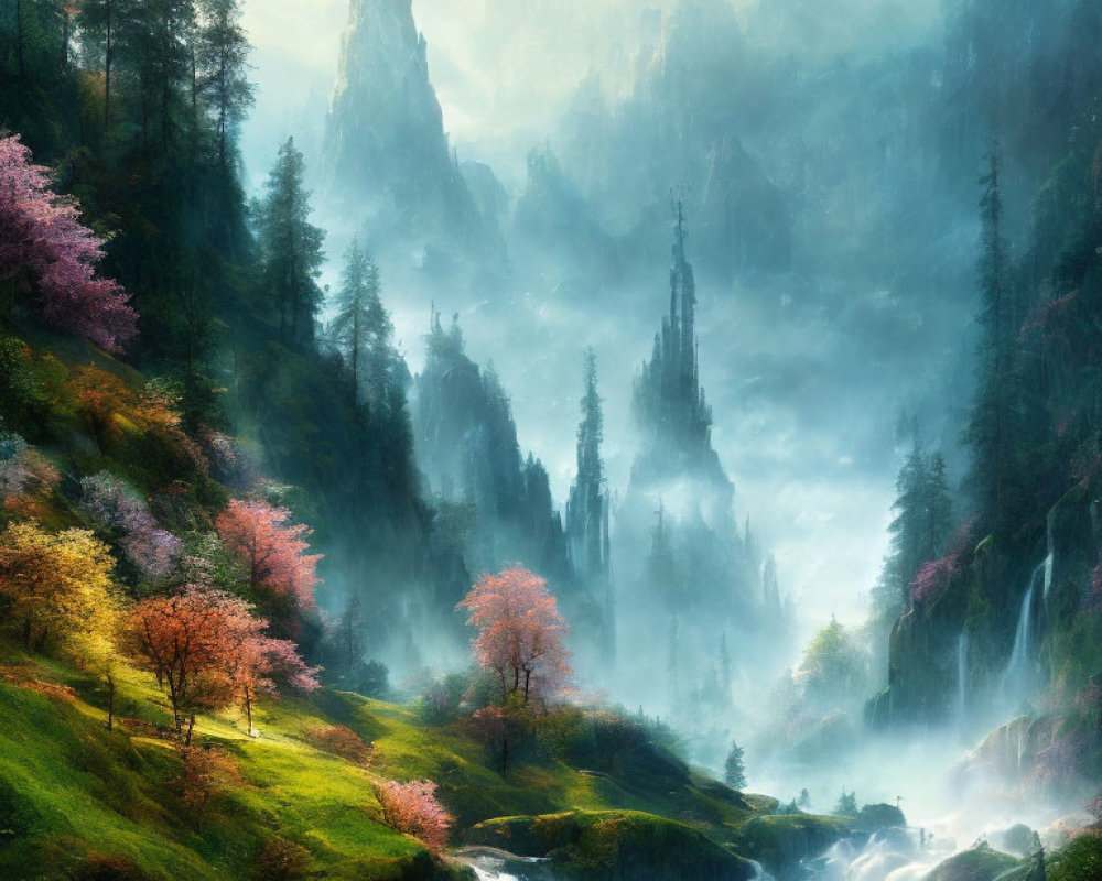 Mystical landscape with towering spires, fog, greenery, pink trees, and a river