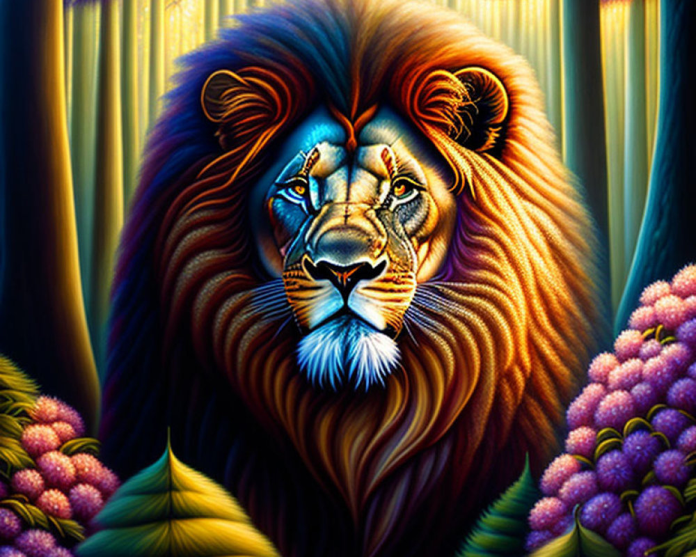 Colorful lion painting in mystical forest with purple and pink flora