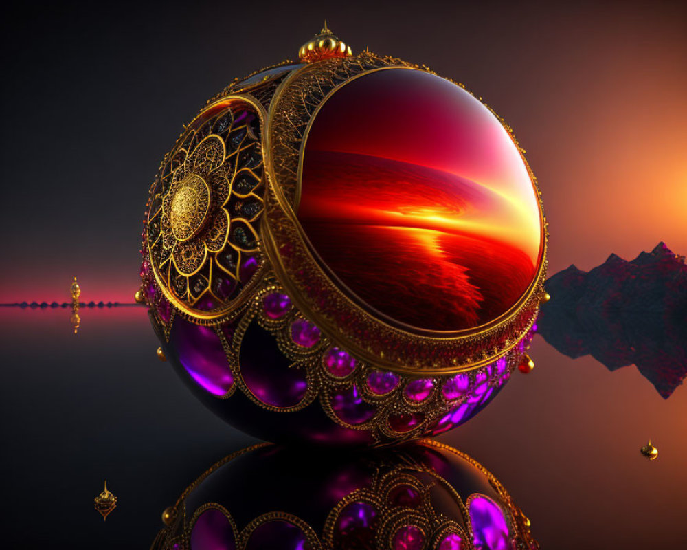 Intricate Golden Designs on Red and Orange Spherical Object