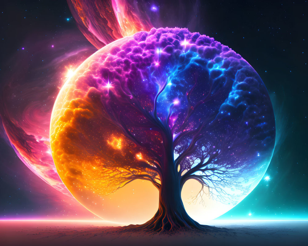 Dual Color Scheme Tree in Vibrant Cosmic Scene