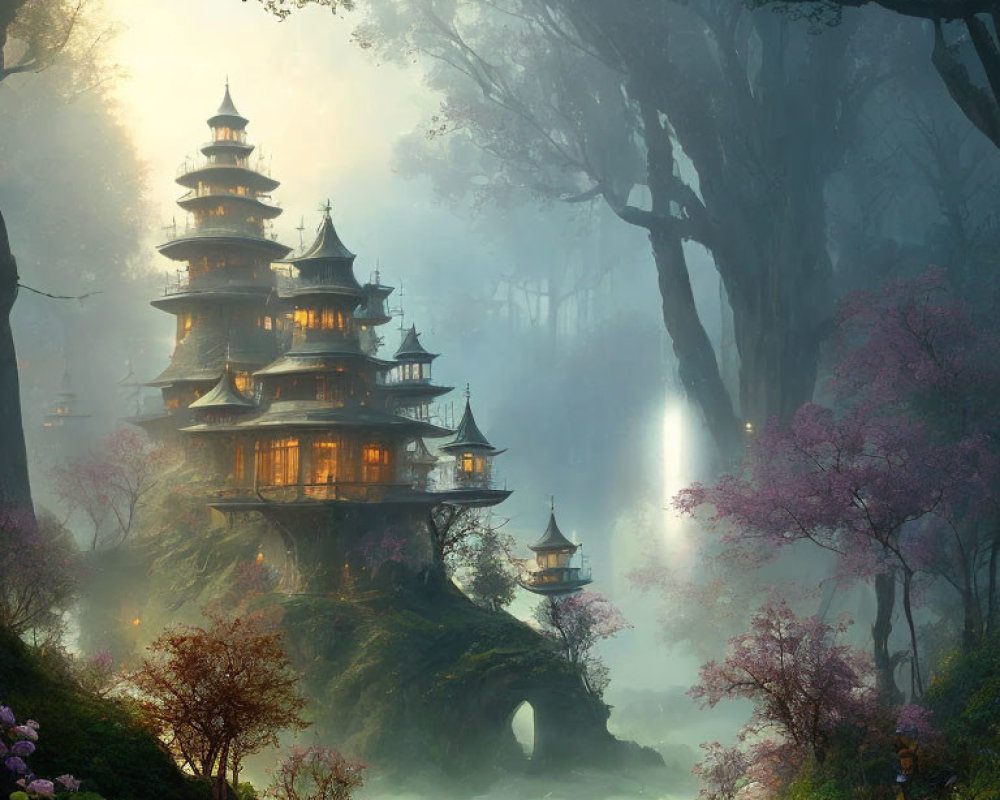 Misty landscape with pagoda, cherry blossoms, and stone bridge