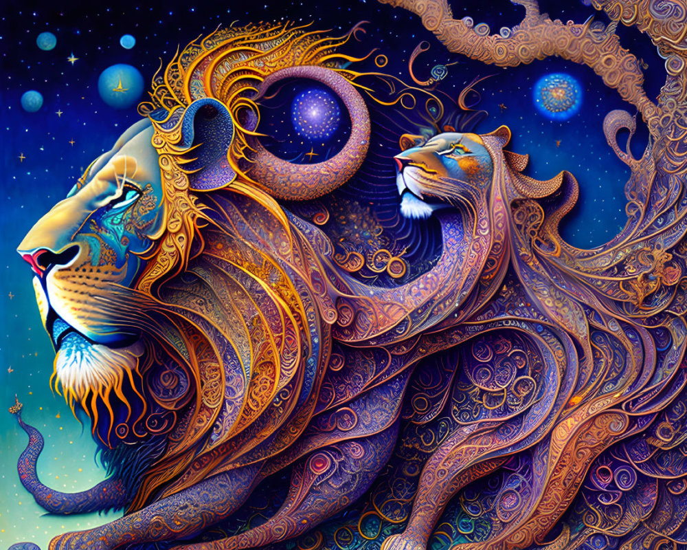 Colorful lion artwork with cosmic background
