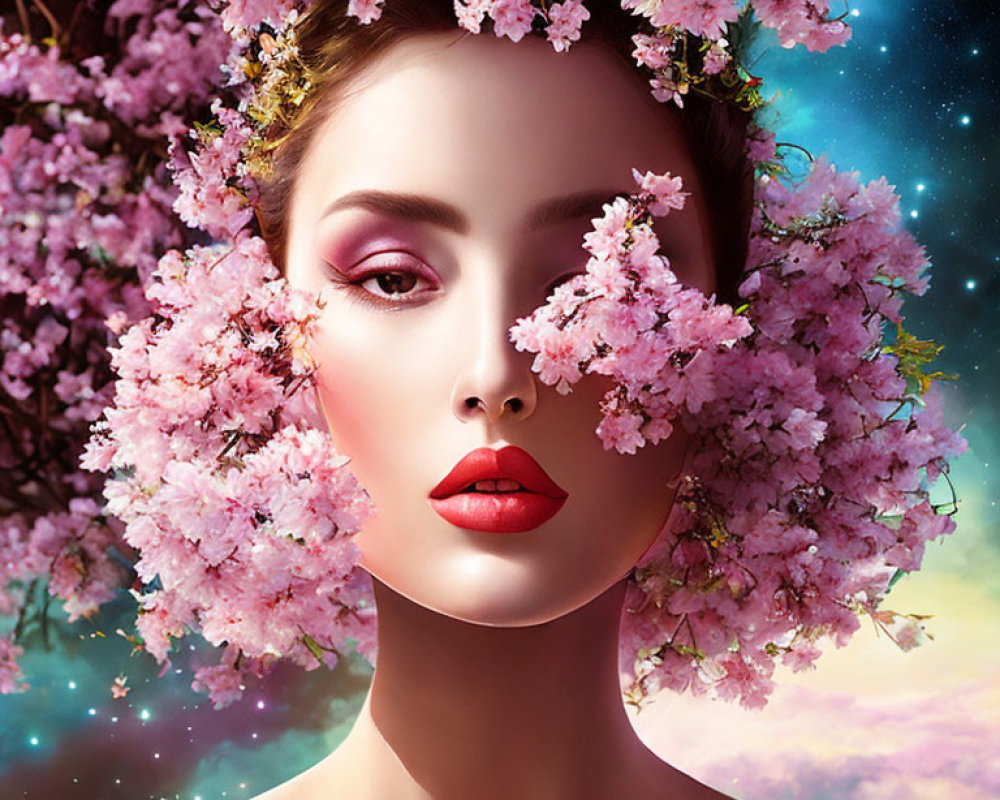 Woman wearing pink floral crown in cosmic background with blue, pink, and gold hues
