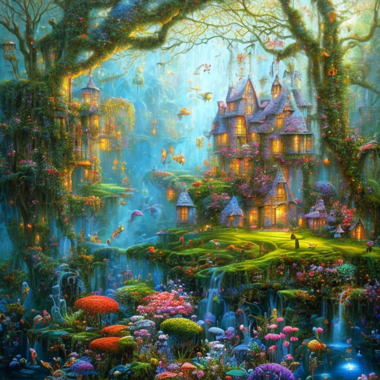 Enchanted forest with whimsical cottages, waterfalls, vibrant flora, and luminescent