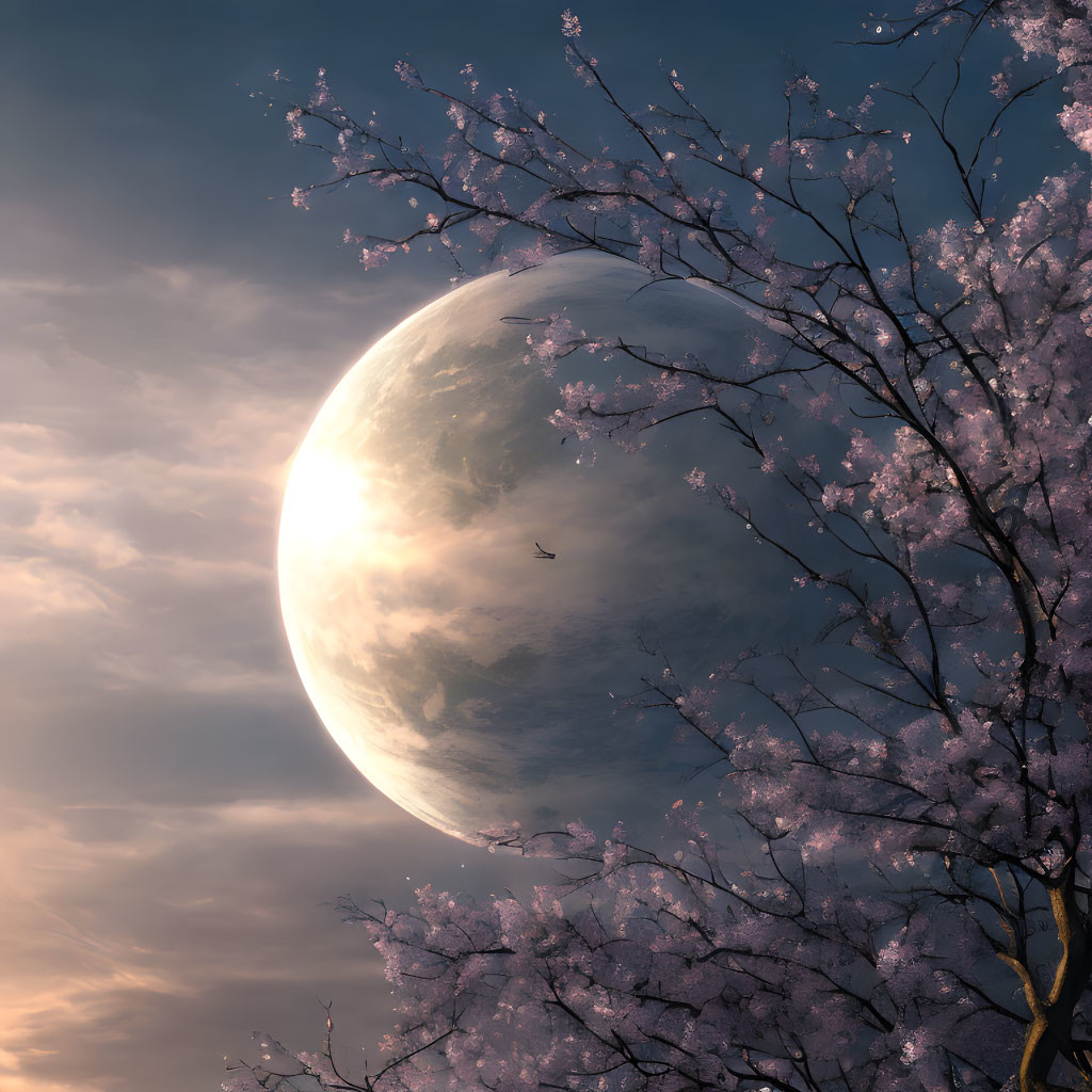 Surreal moon and cherry blossoms with lone bird silhouette at twilight