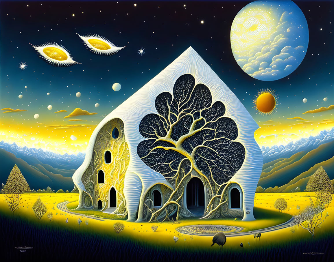 Whimsical landscape with tree-shaped house under starry sky