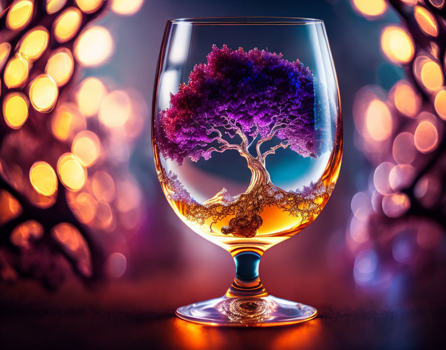 Purple Foliage Miniature Tree in Clear Glass with Bokeh Lights