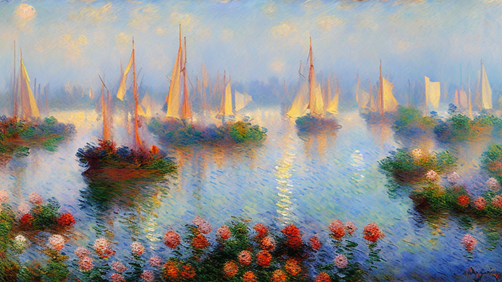 Impressionist painting of sailboats and blooming flowers on hazy water