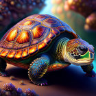Colorful Tortoise Artwork Against Fantastical Background