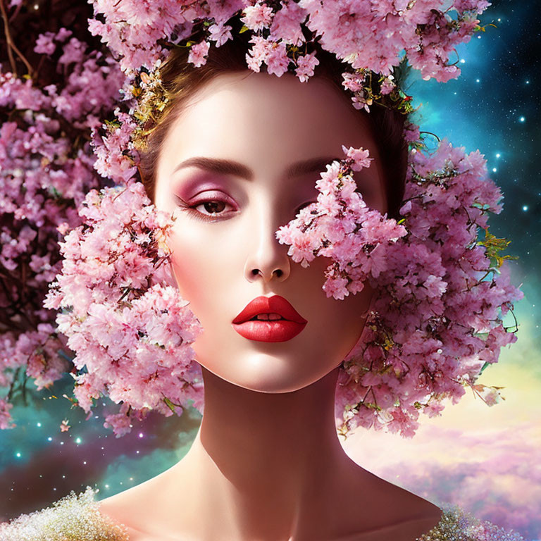 Woman wearing pink floral crown in cosmic background with blue, pink, and gold hues
