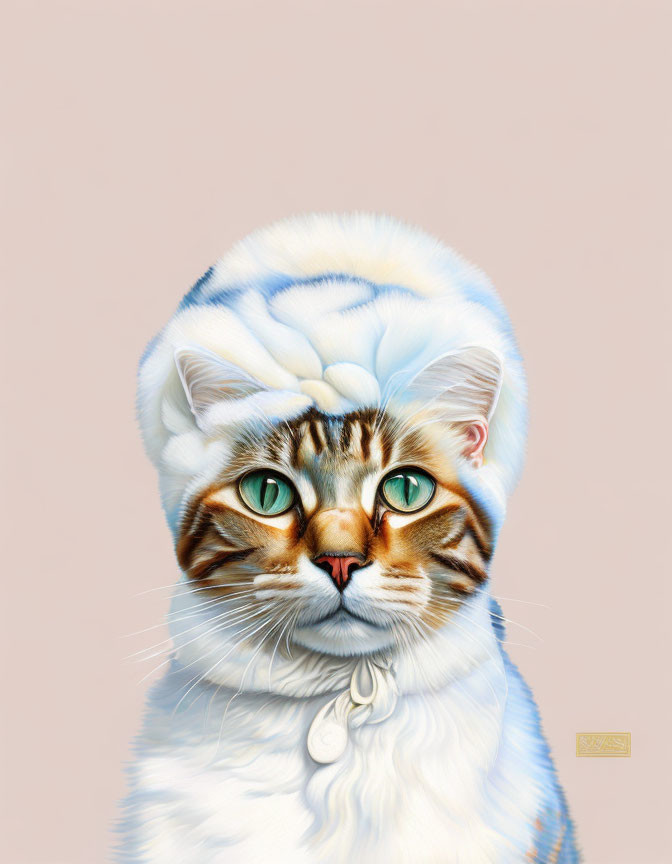 Detailed illustration of a cat with green eyes in white and blue chef's hat