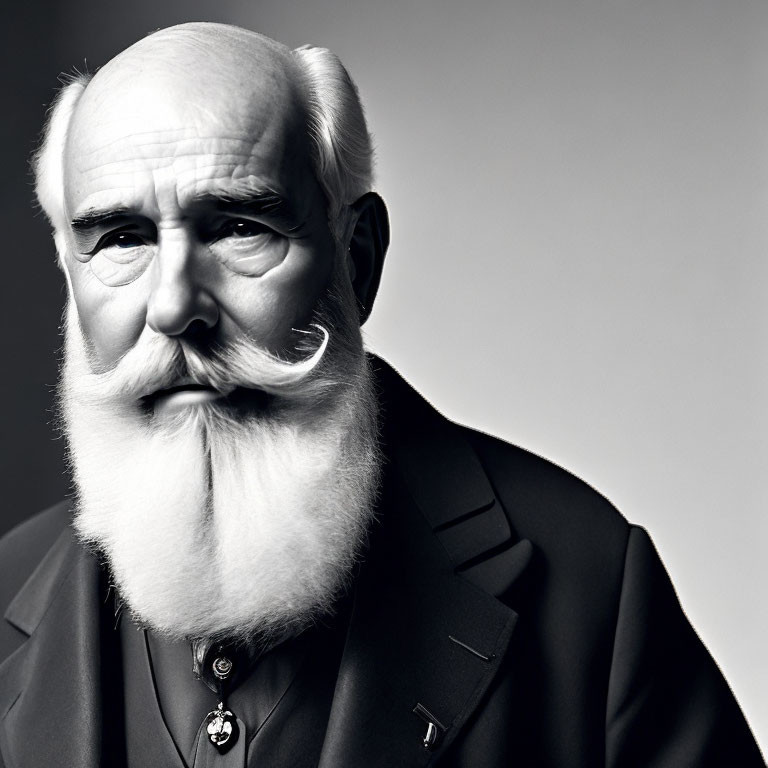 Monochrome portrait of elderly man with white beard and suit
