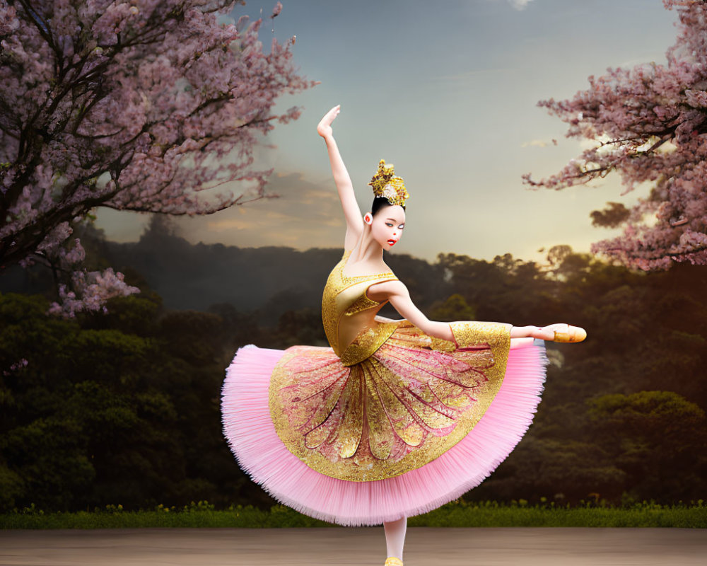 Golden costume ballerina gracefully poses with cherry blossoms.