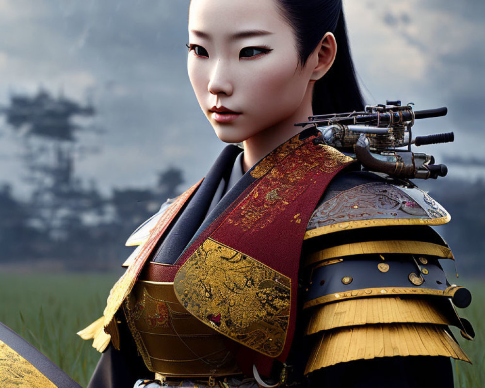 Asian Warrior Woman in Traditional Armor with Crossbow Portrait