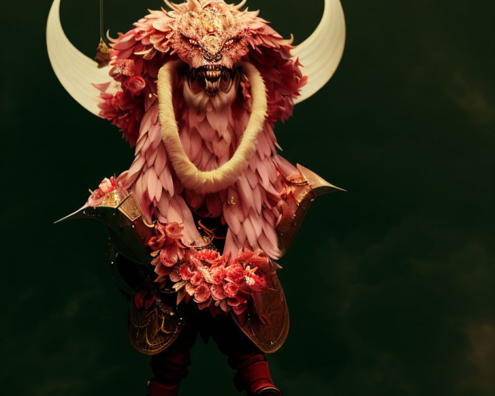 Elaborate Dragon-Like Costume with Mask and Feathers